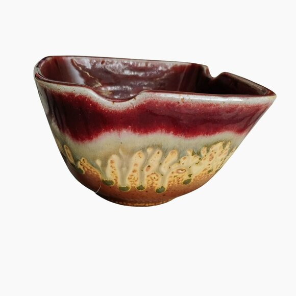 Paul Ray Pottery Square Bowl Hand Crafted Studio Art Seagrove NC Burgundy Beige - Picture 1 of 8